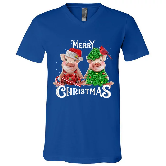 Christmas Pig Lights Santa Hat Pig Lover Gift V-Neck T-Shirt