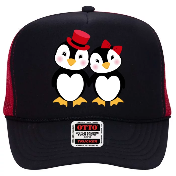 Cute Penguin Love Couples Valentines High Crown Mesh Trucker Hat