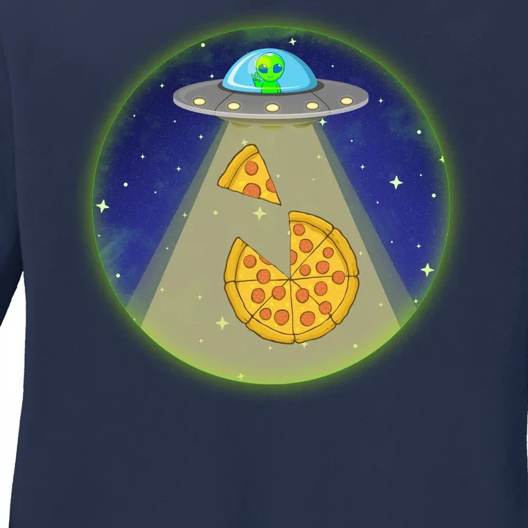 Cool Pizza Loving UFO Alien Ladies Long Sleeve Shirt