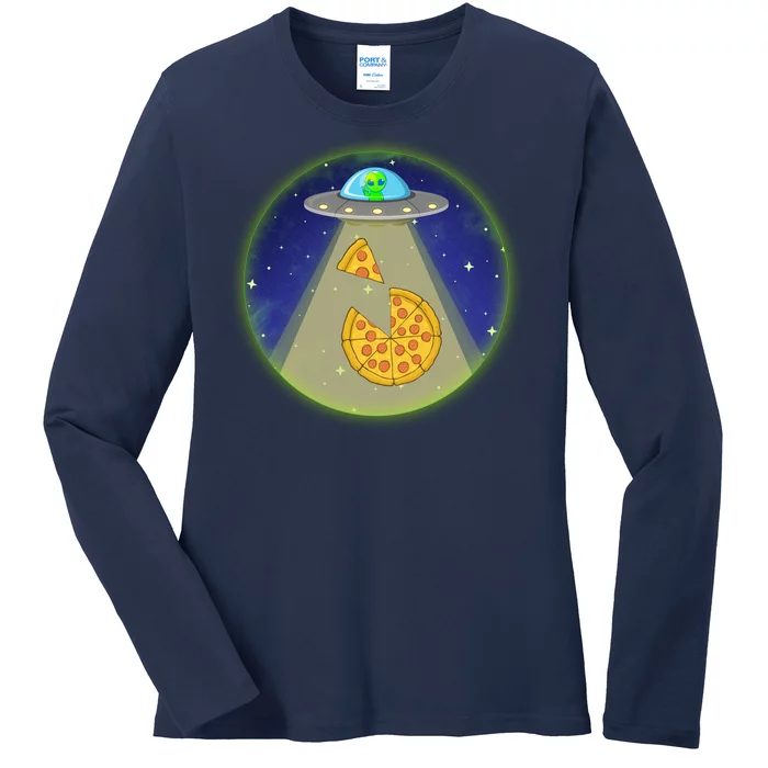 Cool Pizza Loving UFO Alien Ladies Long Sleeve Shirt