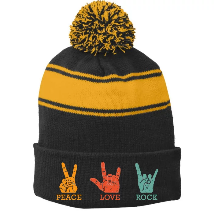 Classic Peace Love Rock Vintage Concert Band Rock Music Stripe Pom Pom Beanie