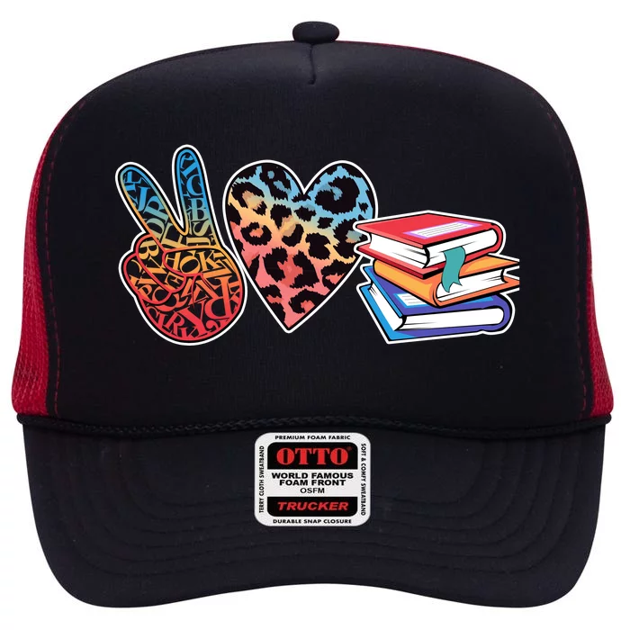 Cute Peace Love Books Reading Fan Book Lover High Crown Mesh Trucker Hat