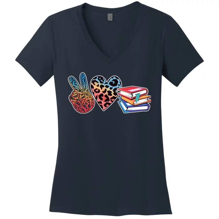 Cute Peace Love Books Reading Fan Book Lover Women's V-Neck T-Shirt