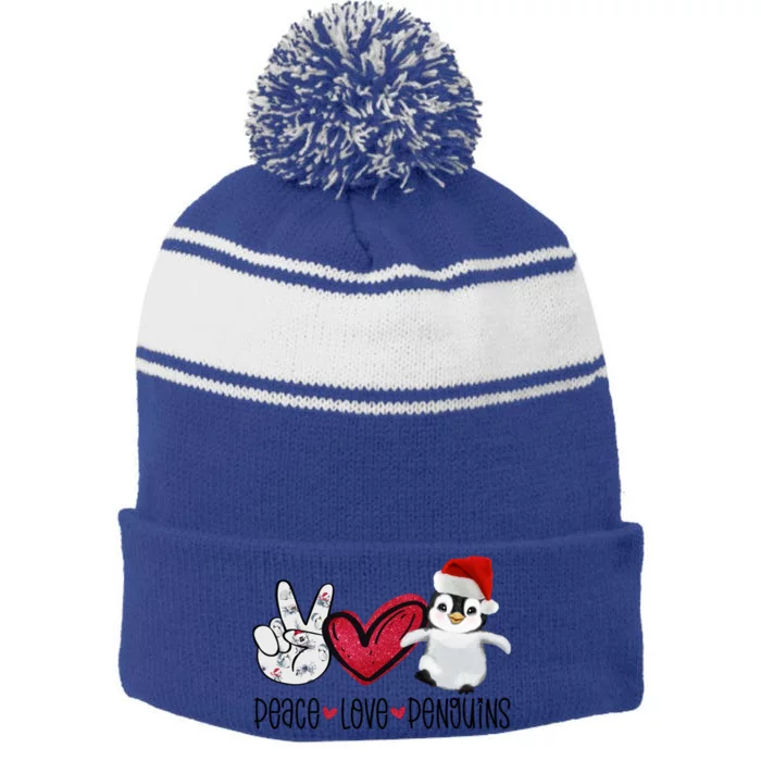 Christmas Peace Love Penguins Cute Xmas Santa Penguin Great Gift Stripe Pom Pom Beanie