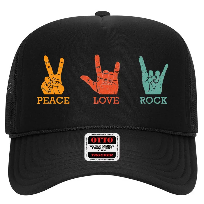 Classic Peace Love Rock Vintage Concert Band Rock Music High Crown Mesh Trucker Hat