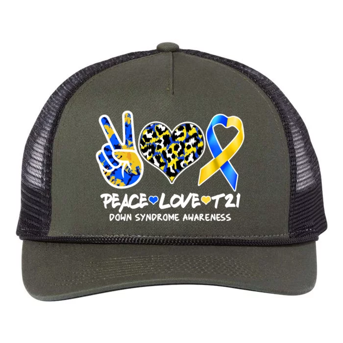 Cool Peace Love T21 Down Syndrome Awareness Support Retro Rope Trucker Hat Cap