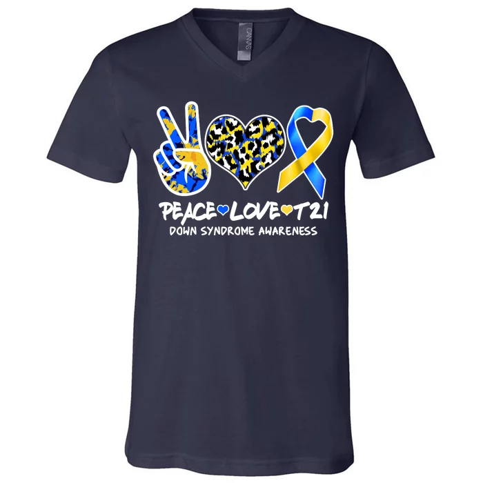 Cool Peace Love T21 Down Syndrome Awareness Support V-Neck T-Shirt