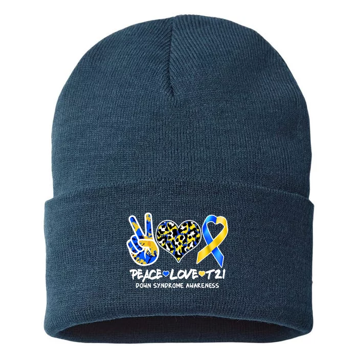 Cool Peace Love T21 Down Syndrome Awareness Support Sustainable Knit Beanie