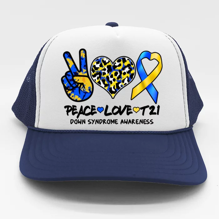 Cool Peace Love T21 Down Syndrome Awareness Support Trucker Hat