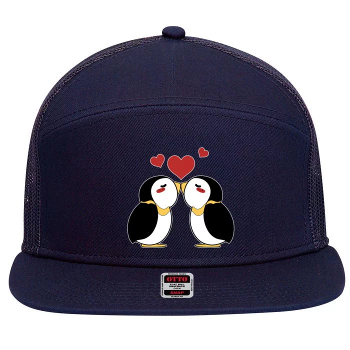 Cute Penguin Lovers Kissing Heart Valentine's Day Gift 7 Panel Mesh Trucker Snapback Hat