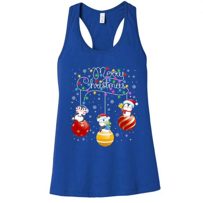 Cute Penguins Merry Christmas Lights Ornats Balls Pajama Funny Gift Women's Racerback Tank