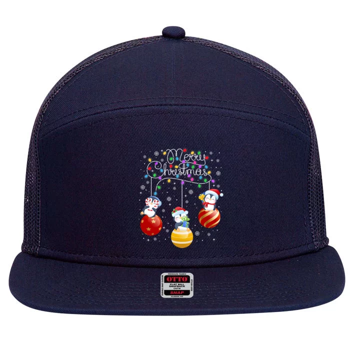 Cute Penguins Merry Christmas Lights Ornats Balls Pajama Funny Gift 7 Panel Mesh Trucker Snapback Hat