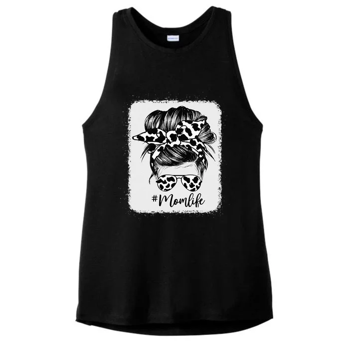 Cow Print Mom Life Messy Bun Hair Ladies Tri-Blend Wicking Tank