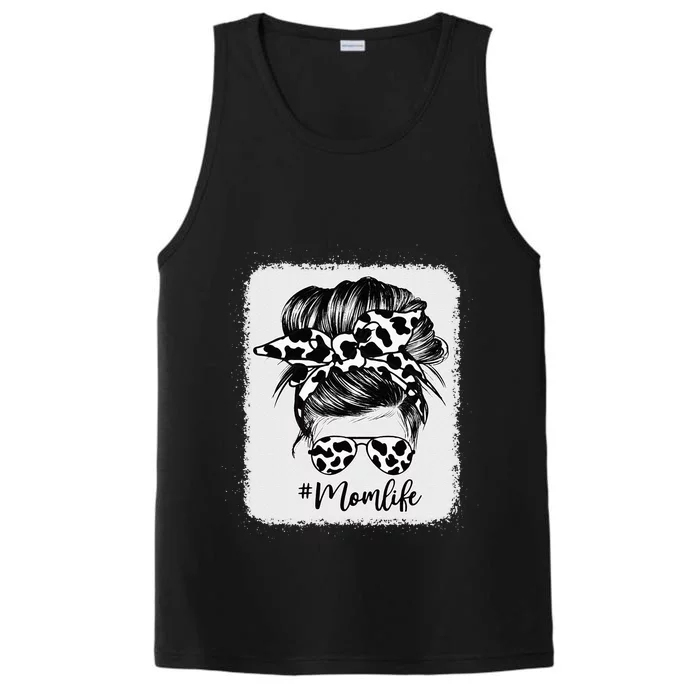 Cow Print Mom Life Messy Bun Hair Performance Tank