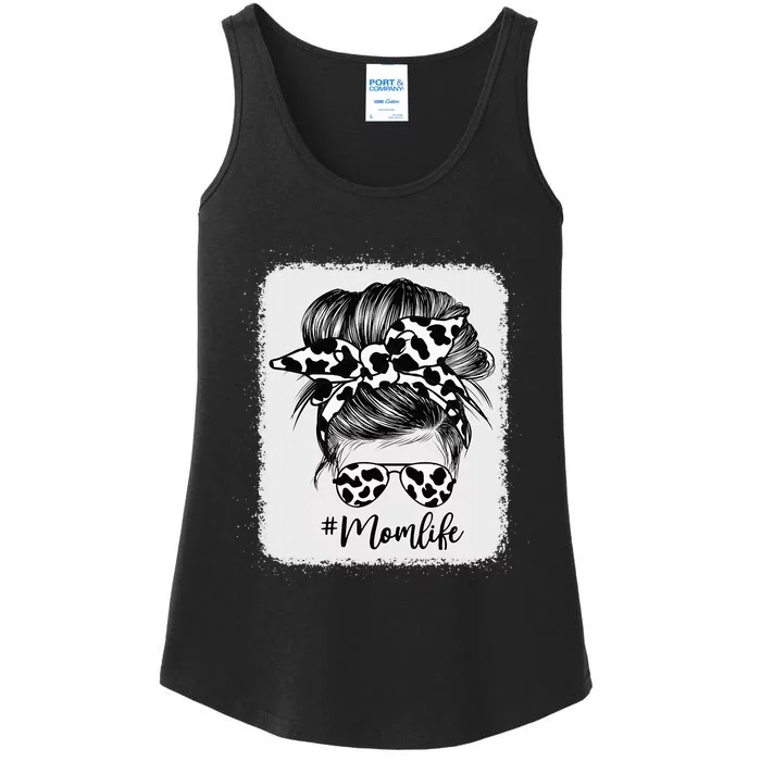 Cow Print Mom Life Messy Bun Hair Ladies Essential Tank