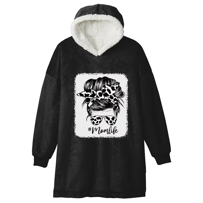 Cow Print Mom Life Messy Bun Hair Hooded Wearable Blanket