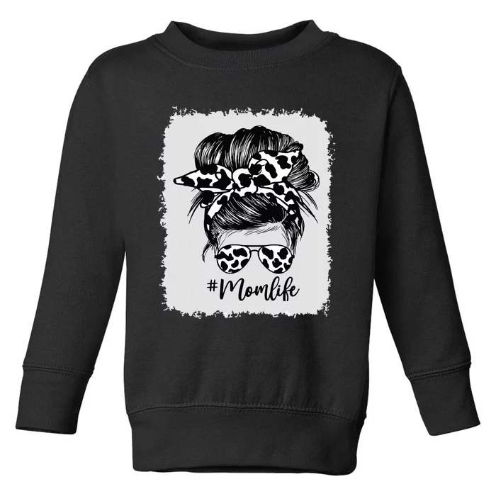 Cow Print Mom Life Messy Bun Hair Toddler Sweatshirt