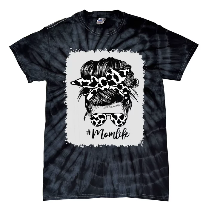 Cow Print Mom Life Messy Bun Hair Tie-Dye T-Shirt