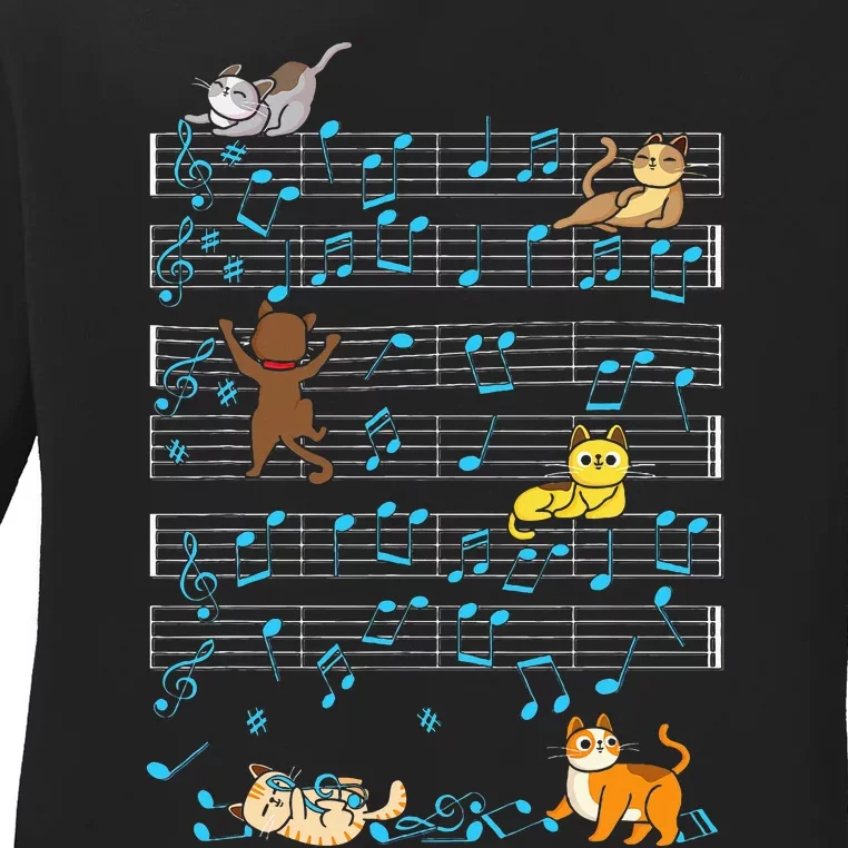 Cat Playing Music Note Kitty Cute Musician Kitten Pet Ladies Long Sleeve Shirt