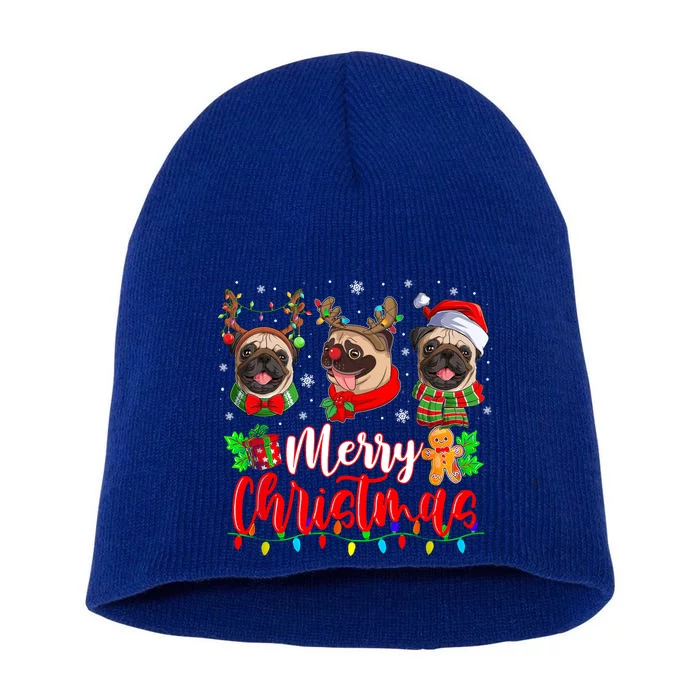 Cute Pugs Merry Christmas Light Santa Pug Christmas Family Cool Gift Short Acrylic Beanie