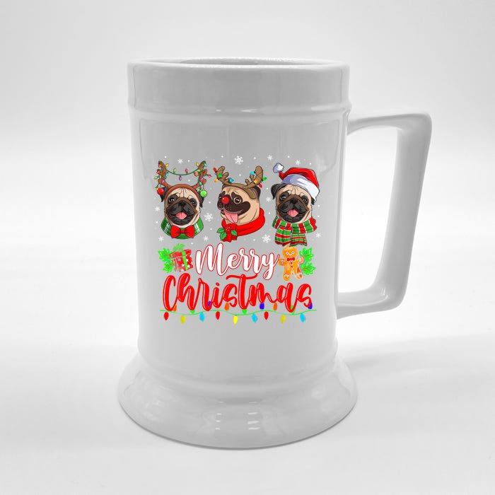 Cute Pugs Merry Christmas Light Santa Pug Christmas Family Cool Gift Front & Back Beer Stein