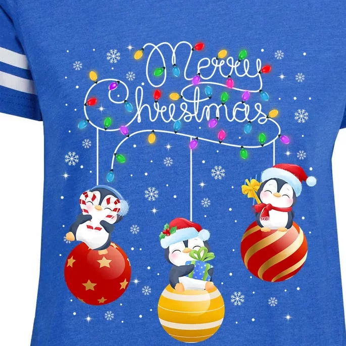 Cute Penguins Merry Christmas Lights Ornats Balls Pajama Cute Gift Enza Ladies Jersey Football T-Shirt