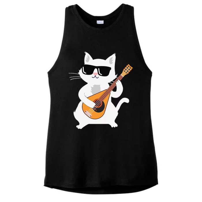 Cat Playing Mandolin Ladies Tri-Blend Wicking Tank