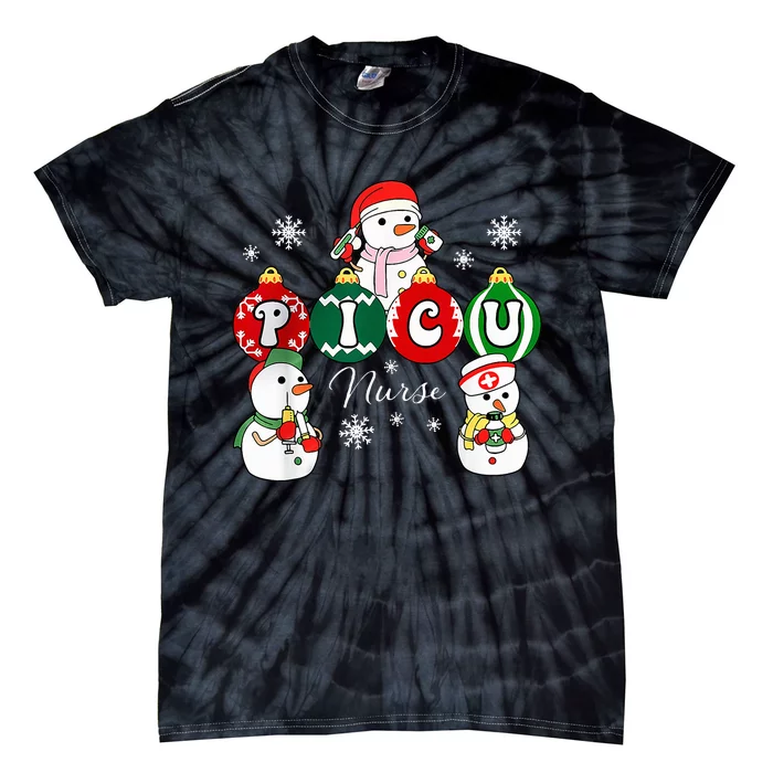 Christmas PICU Nurse Snowman Pediatric ICU Crew Xmas Tie-Dye T-Shirt