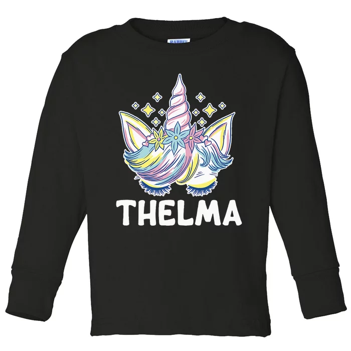 Cute Personalized Name Unicorn Crown Thelma Toddler Long Sleeve Shirt