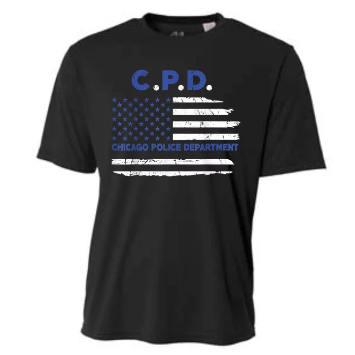 Chicago Police Officer American Flag Thin Blue Line Cooling Performance Crew T-Shirt