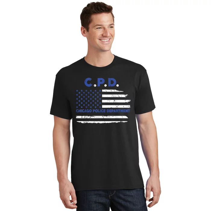 Chicago Police Officer American Flag Thin Blue Line T-Shirt