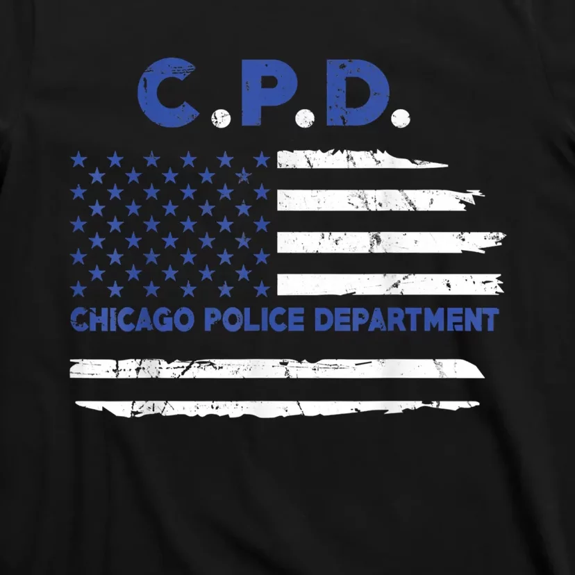 Chicago Police Officer American Flag Thin Blue Line T-Shirt