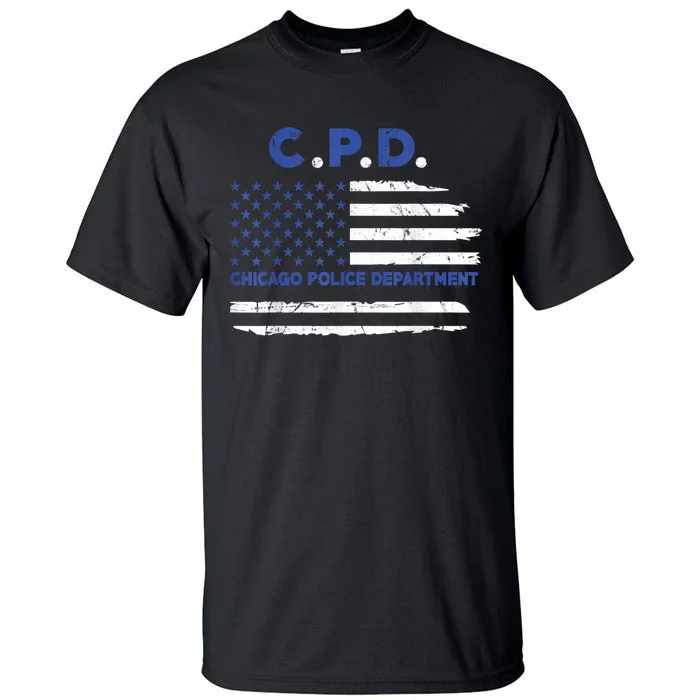 Chicago Police Officer American Flag Thin Blue Line Tall T-Shirt