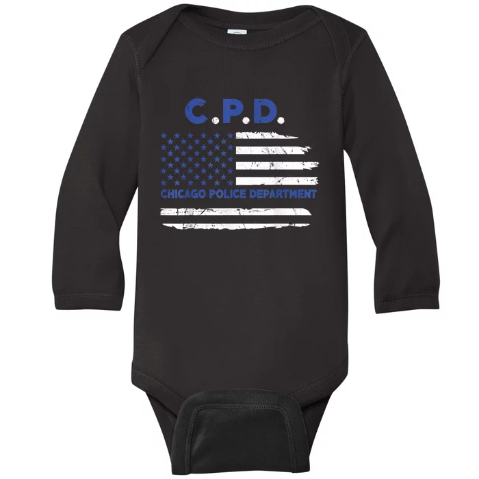 Chicago Police Officer American Flag Thin Blue Line Baby Long Sleeve Bodysuit