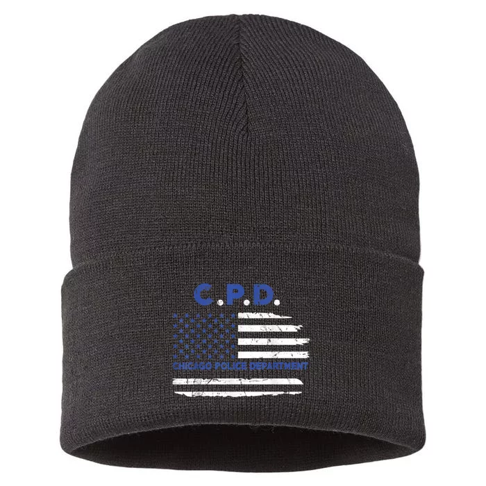 Chicago Police Officer American Flag Thin Blue Line Sustainable Knit Beanie