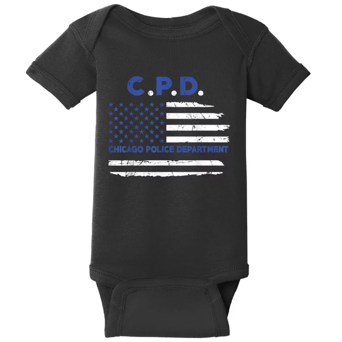 Chicago Police Officer American Flag Thin Blue Line Baby Bodysuit