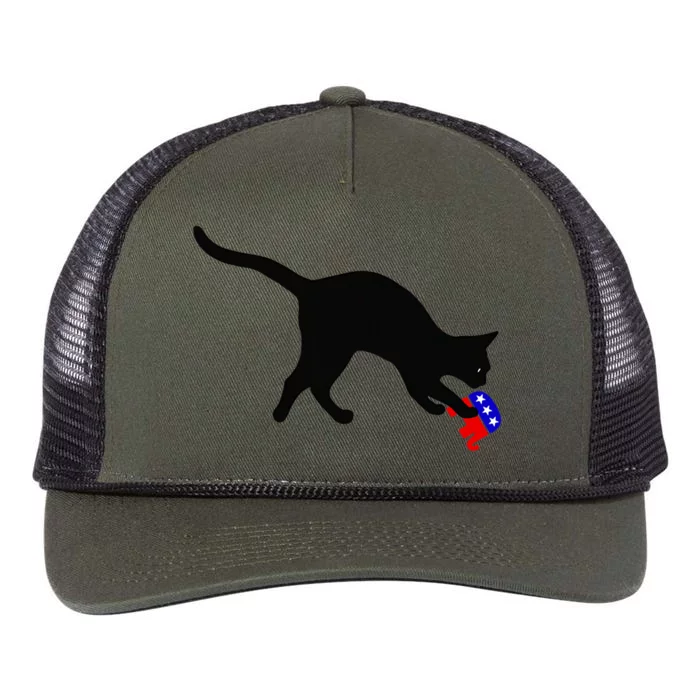 Cat Pouncing On Gop Elephant Cat Knocking Over Gop Elephant Retro Rope Trucker Hat Cap