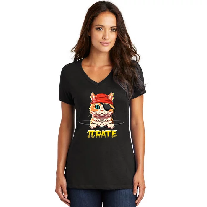 Cat Pirate Pi Math Day Mathematics Happy Pi Day Gift Women's V-Neck T-Shirt