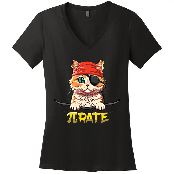 Cat Pirate Pi Math Day Mathematics Happy Pi Day Gift Women's V-Neck T-Shirt