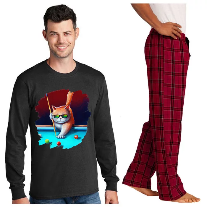 Cat Playing Pool Billiards In Lounge Cool Funny Cats Long Sleeve Pajama Set