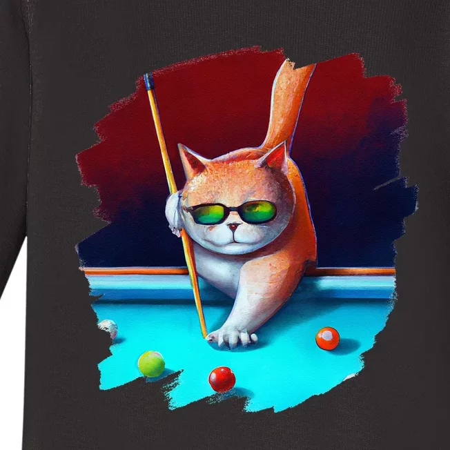 Cat Playing Pool Billiards In Lounge Cool Funny Cats Baby Long Sleeve Bodysuit