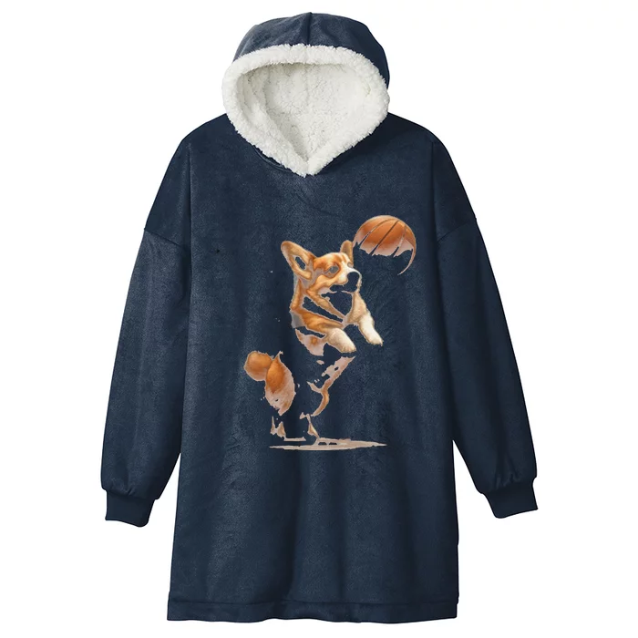 Corgi Puppy Playing Basketball For Pet Lovers Women Hooded Wearable Blanket