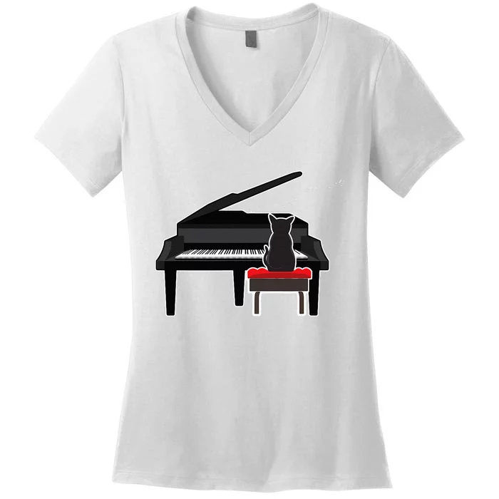 Cat Playing Piano Music Lover Funny Women's V-Neck T-Shirt