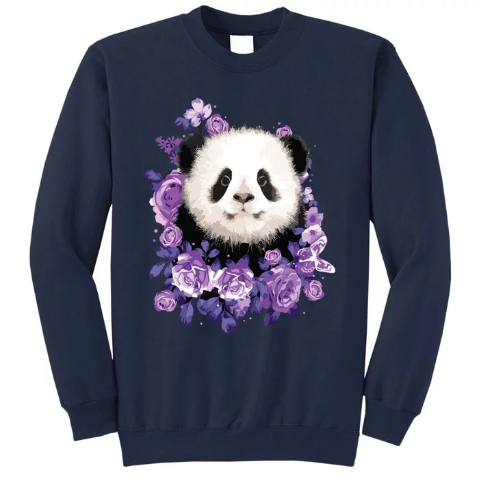 Cute Panda Purple Flowers Panda Lovers Gift Tall Sweatshirt