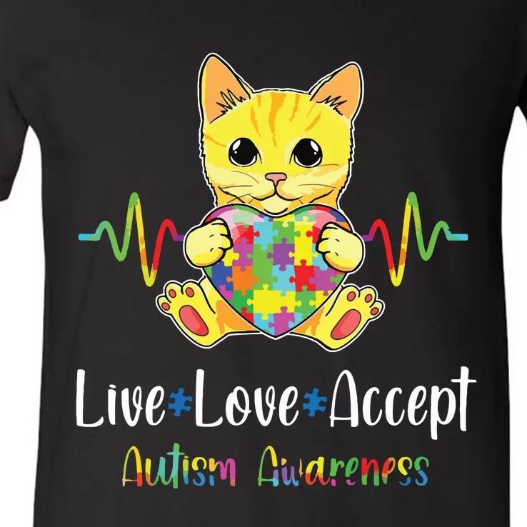 Cat Puzzle Piece Live Love Accept Autism Awareness V-Neck T-Shirt