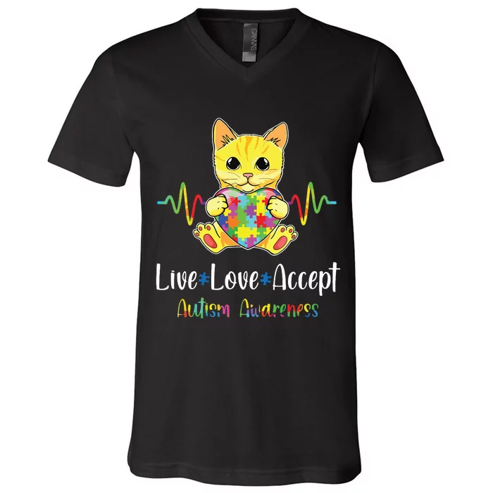 Cat Puzzle Piece Live Love Accept Autism Awareness V-Neck T-Shirt