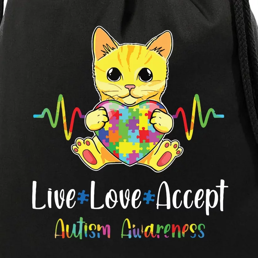 Cat Puzzle Piece Live Love Accept Autism Awareness Drawstring Bag