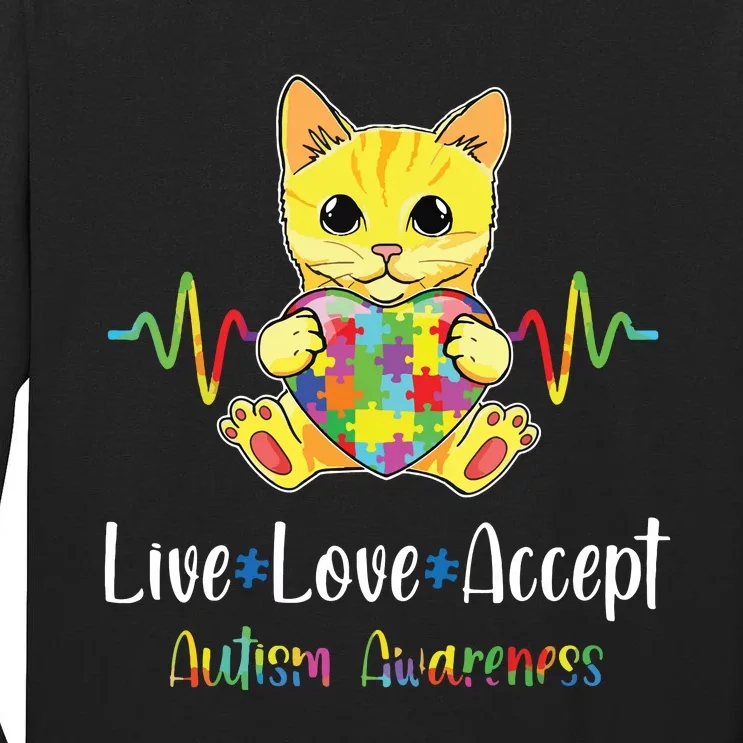 Cat Puzzle Piece Live Love Accept Autism Awareness Tall Long Sleeve T-Shirt