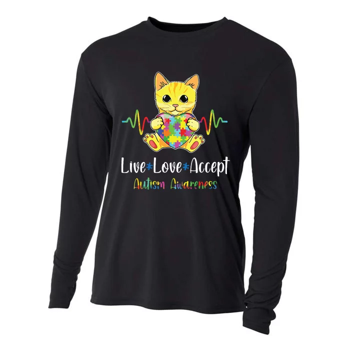 Cat Puzzle Piece Live Love Accept Autism Awareness Cooling Performance Long Sleeve Crew