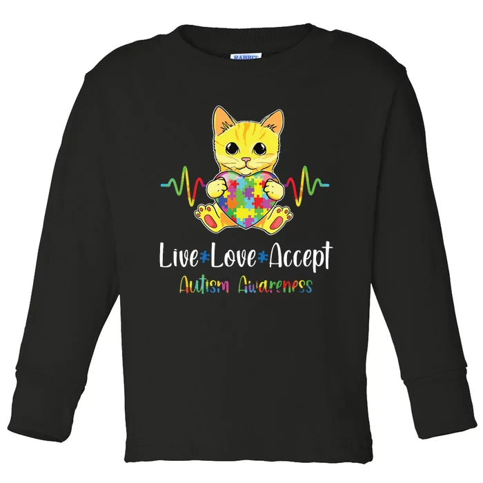 Cat Puzzle Piece Live Love Accept Autism Awareness Toddler Long Sleeve Shirt